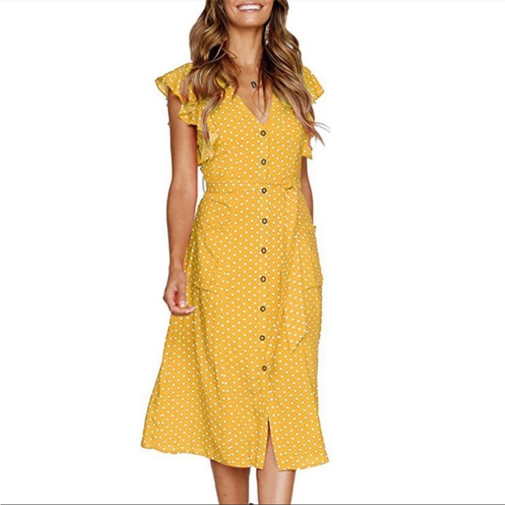 Yellow A Line Polka Dots Midi Dress